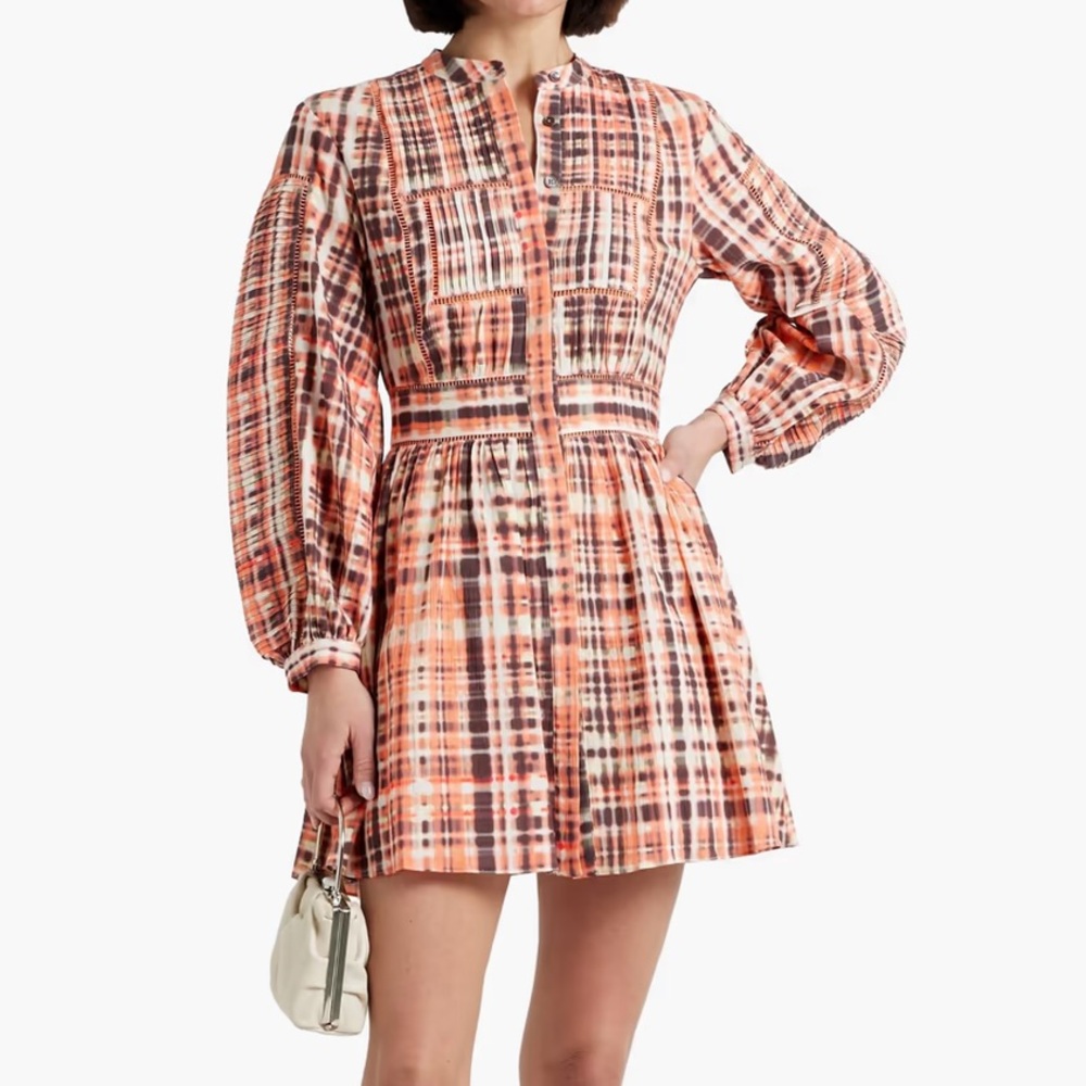 Joie Charmese Pintucked Long-Sleeve Cotton-Gauze Mini Shirt Dress - Size 4, New